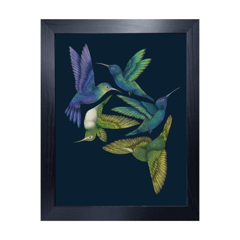 Thumbnail of Antique Hummingbirds I Indigo Fine Art Print - A4 image