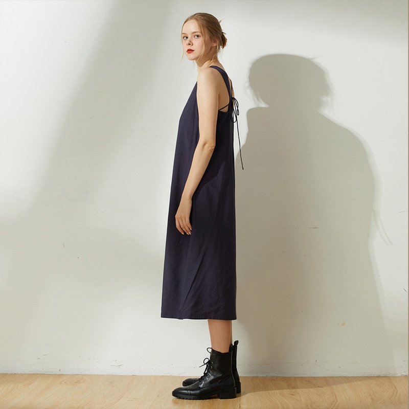 Thumbnail of Asteria Tie-Back Tencel™ Linen Midi Dress In Midnight Navy image