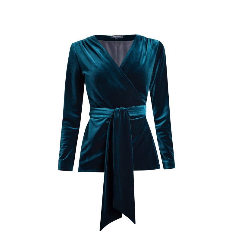 Thumbnail of Evelyn Velvet Wrap Jacket With Self-Tie Sash In Emerald Green image