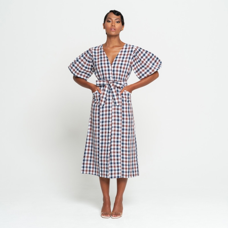 Thumbnail of Meghan Gingham Linen Midi Dress - Brown image