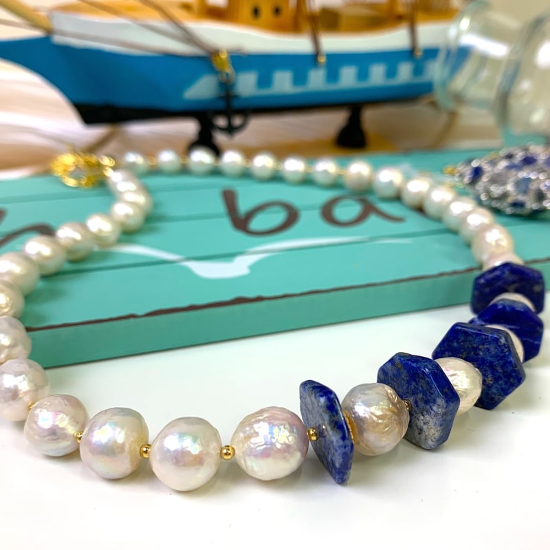 Thumbnail of Freshwater Pearls With Lapis Statement Necklace image