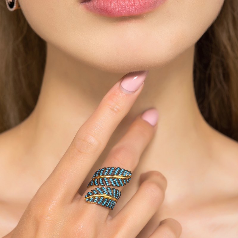 Thumbnail of Tropical Leaf Cocktail Ring Blue Turquoise Gold image