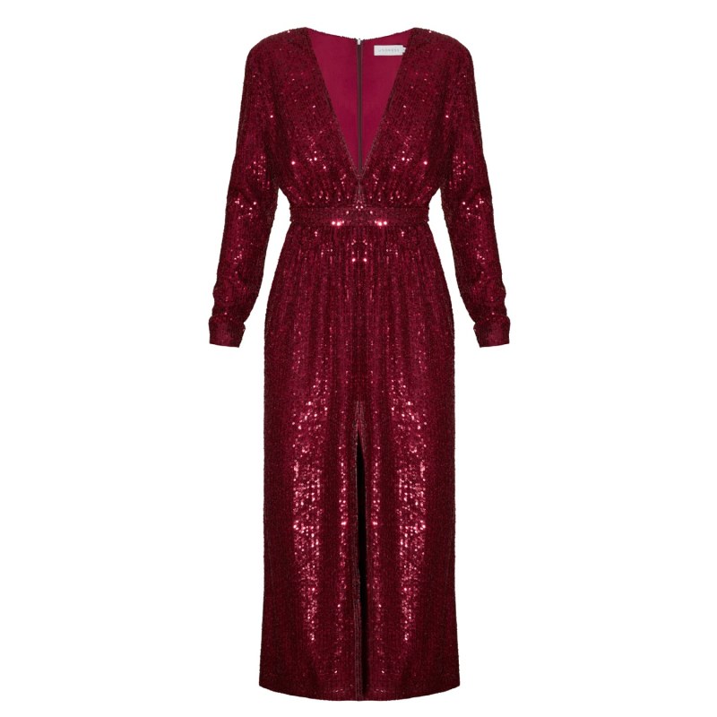 Clara Red Wine Sequin Deep V Neck Midi Dress Undress Wolf Badger