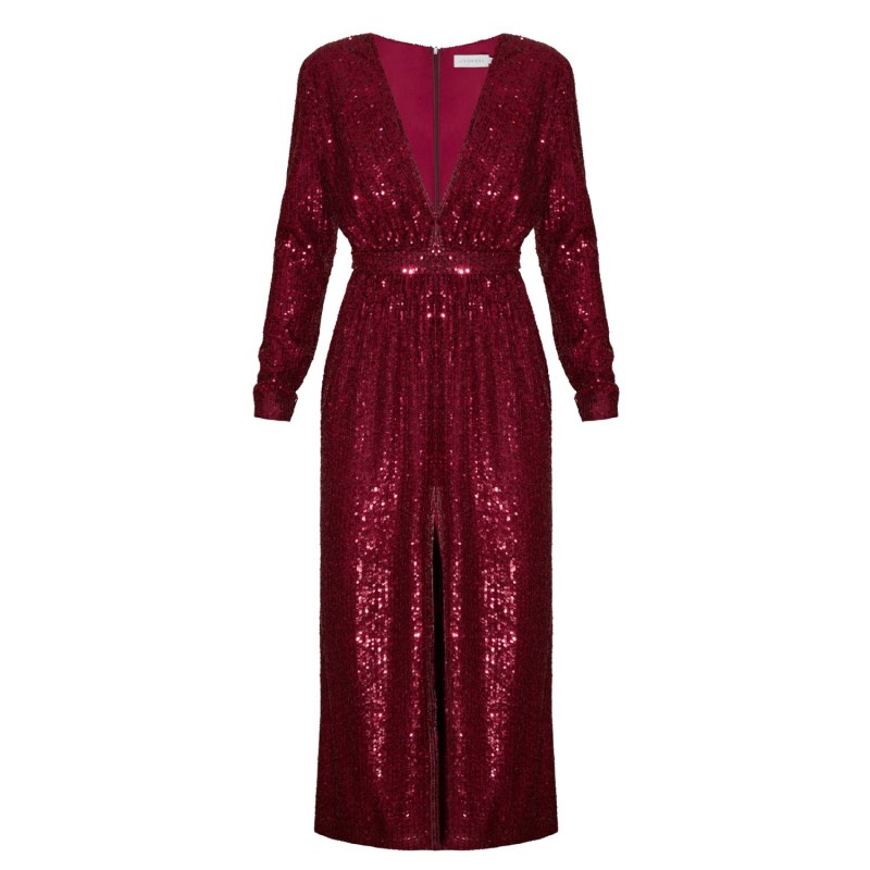 Clara Red Wine Sequin Deep V Neck Midi ...