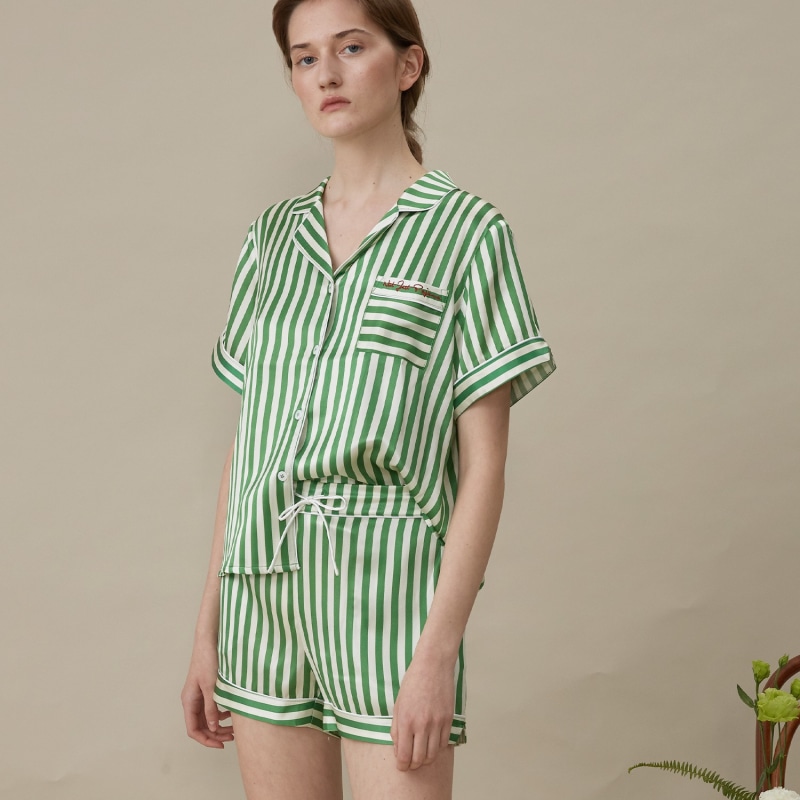 Green and white striped silk pajamas discount