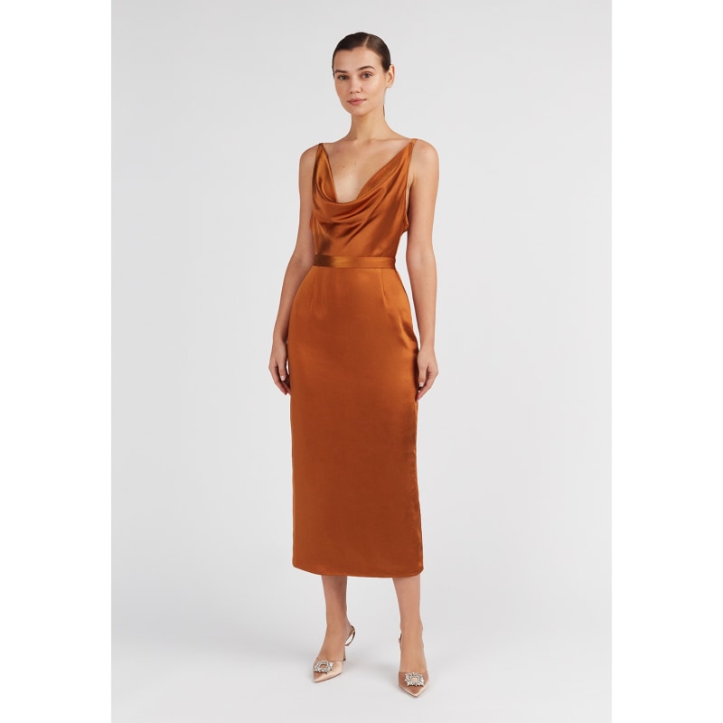 Thumbnail of Kamea Tawny Brown Satin Draped Front Open Back Midi Dress image