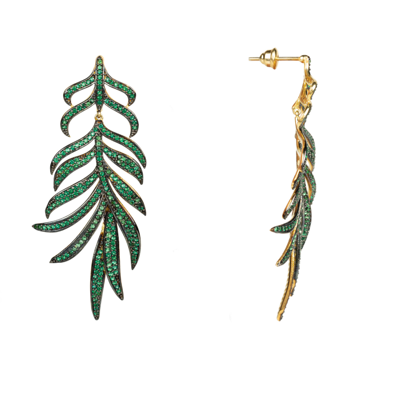 Thumbnail of Feathered Leaf Statement Drop Earrings Green Cz image