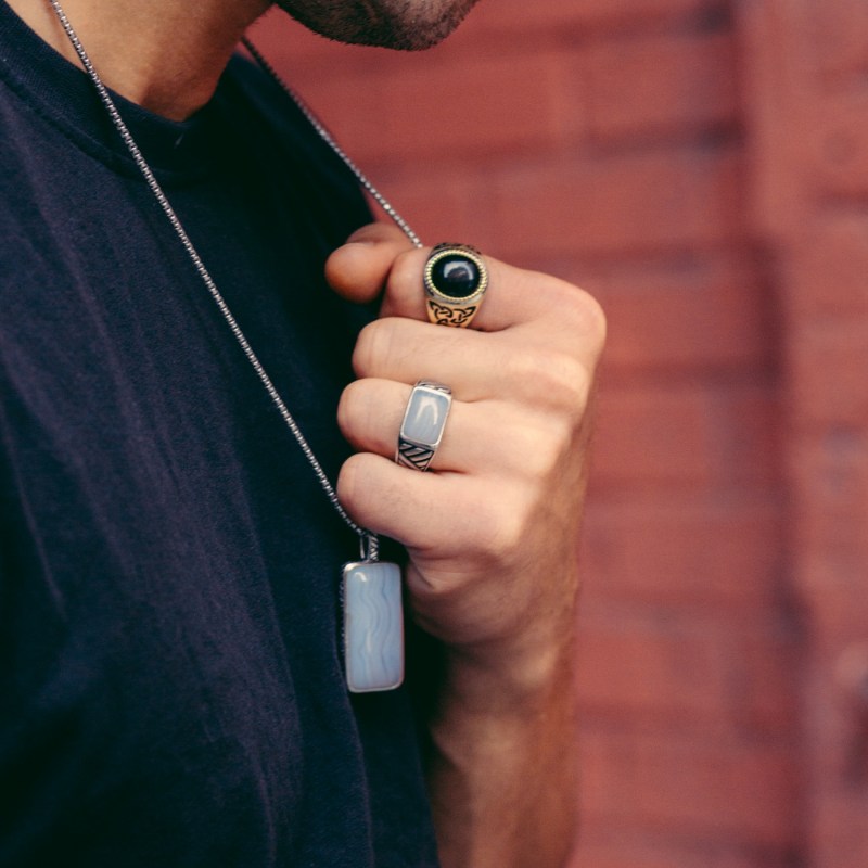 Thumbnail of Blue Lace Agate Stone Tag In Black Rhodium Plated Sterling Silver image