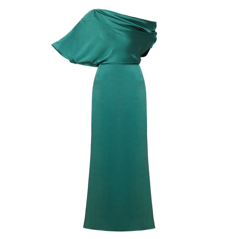 Thumbnail of Helen Green Satin Asymmetric Maxi Evening Dress image