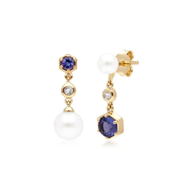Thumbnail of Modern Pearl, Tanzanite & Topaz Mismatched Drop Earrings In Yellow Gold Plated Sterling Silver image