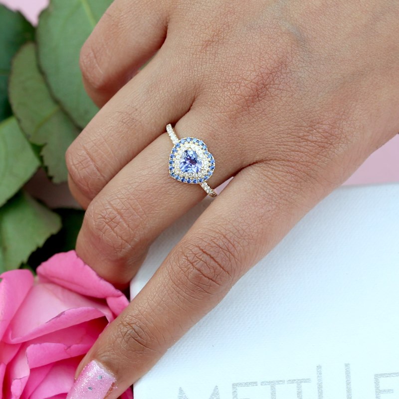 Thumbnail of 18K Yellow Gold In Diamond & Blue Sapphire With Tanzanite Heart Shape Cocktail Ring image