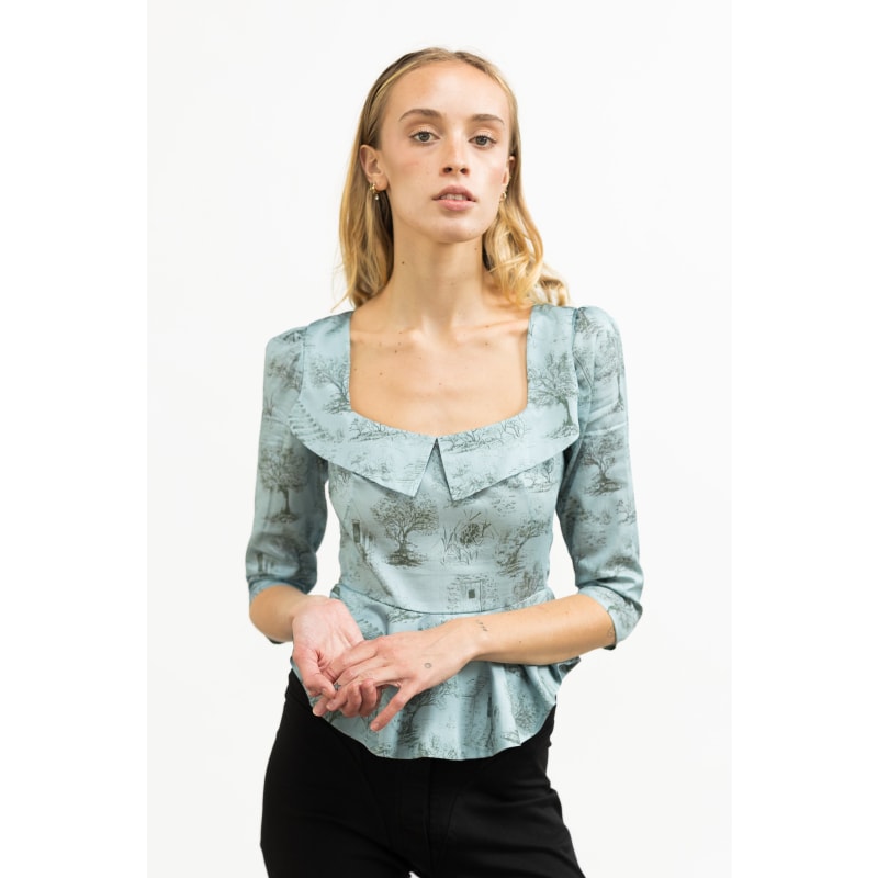 Thumbnail of Mari Peplum Portrait Top In Cottage Blue & Pewter Green Cotton Toile image