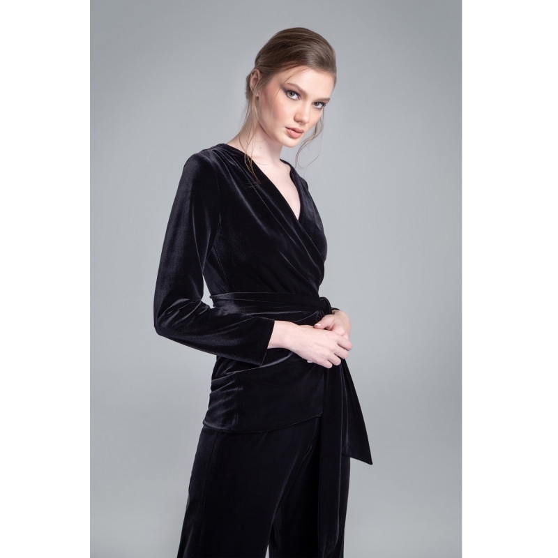 Thumbnail of Evelyn Velvet Wrap Jacket With Self-Tie Sash In Black image