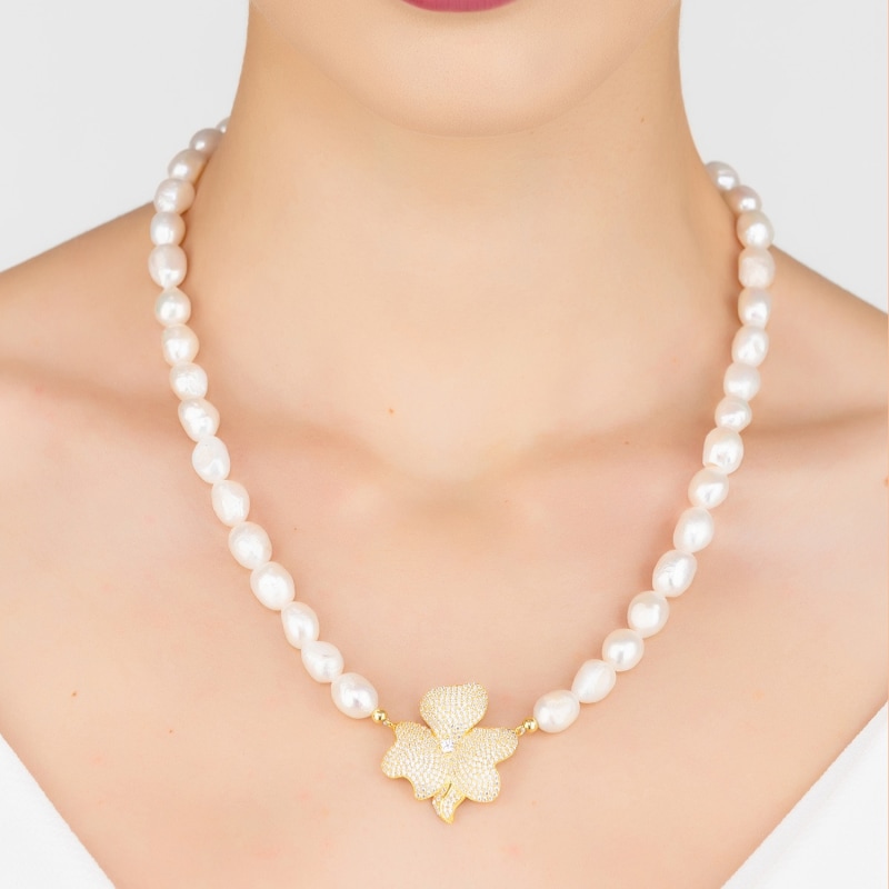 Thumbnail of Flower Pearl Mid Length Necklace White Cz Gold image