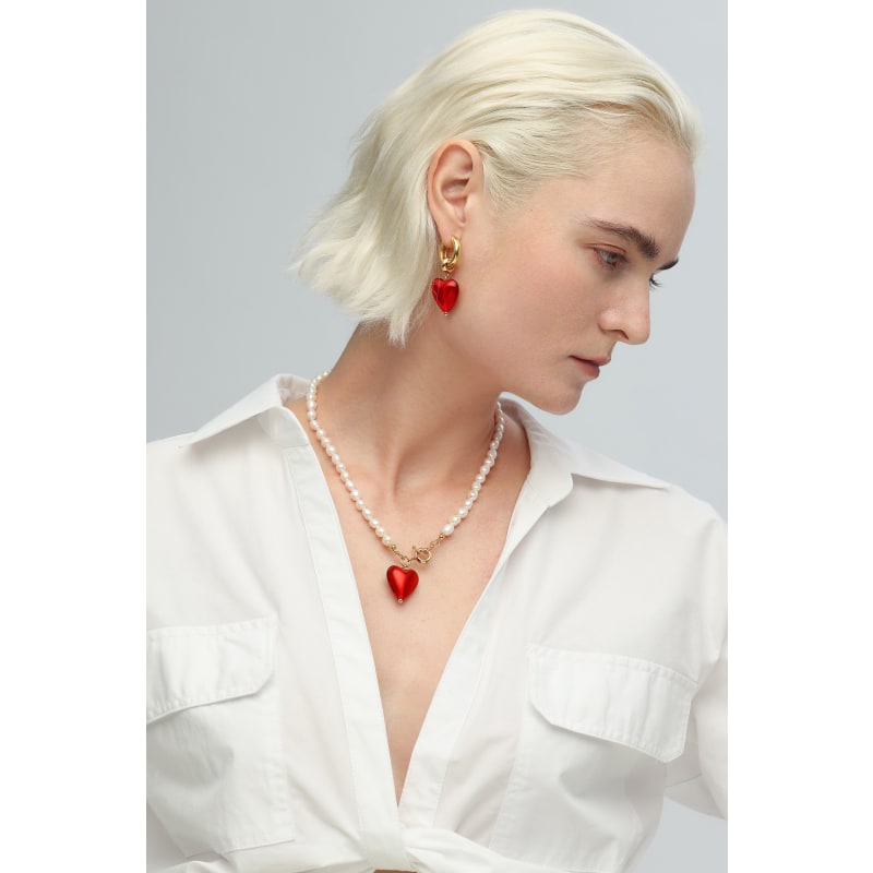 Thumbnail of EsméE Red Glaze Heart Pendant Pearl Necklace image