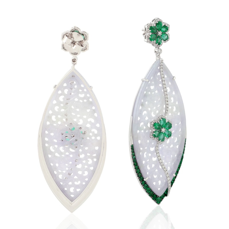 Thumbnail of 18K White Gold Marquise Shape Earrings Diamond Carving Jade Emerald Dangle Earrings Handmade Jewelry image