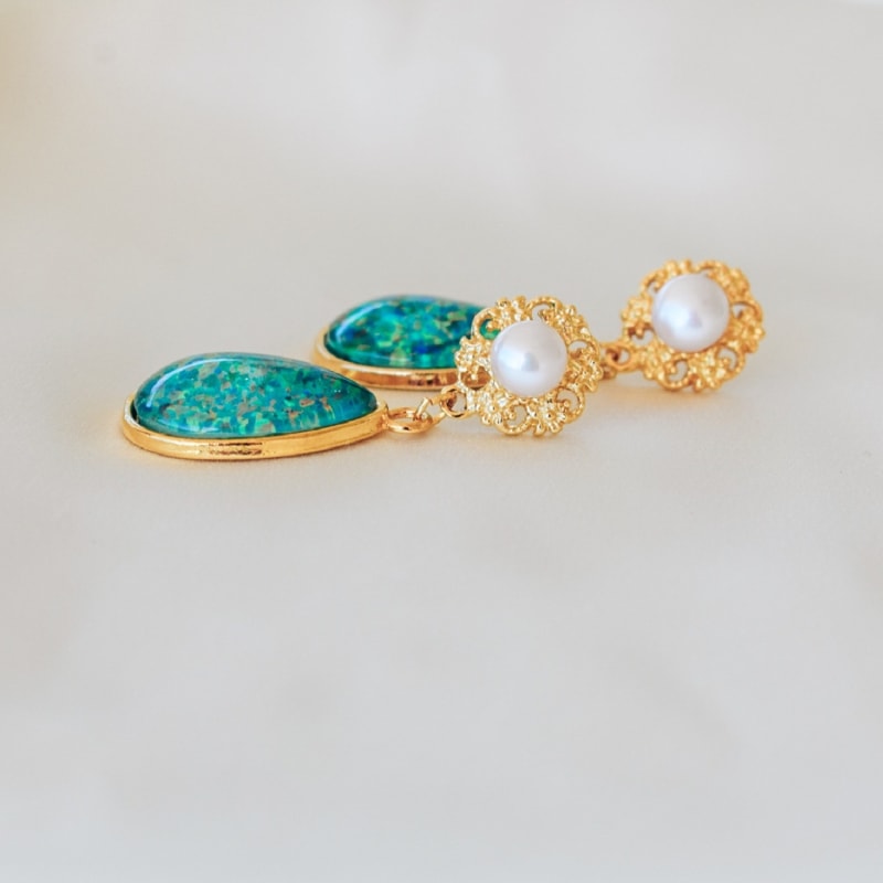 Thumbnail of Eloquence Statement Freshwater Pearl & Teardrop Opal Earrings - Blue, Gold, Green, White image