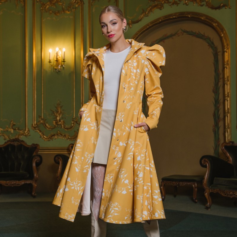 Thumbnail of Yellow Coat With Balloon-Styled Sleeves And White Floral Print: Majestic Yellow image