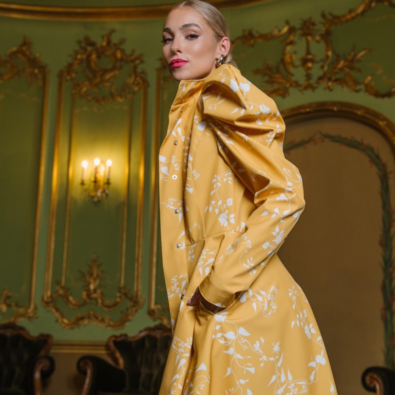 Thumbnail of Yellow Coat With Balloon-Styled Sleeves And White Floral Print: Majestic Yellow image