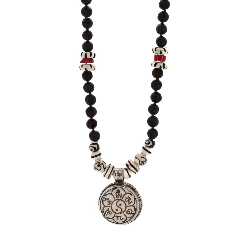 Thumbnail of Yin Yang Balance Symbol Pendant Black Beaded Necklace - Silver image