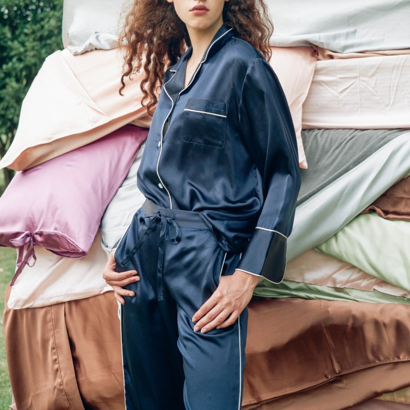 Women 3-Piece Classic Silk Pajamas Set - Navy