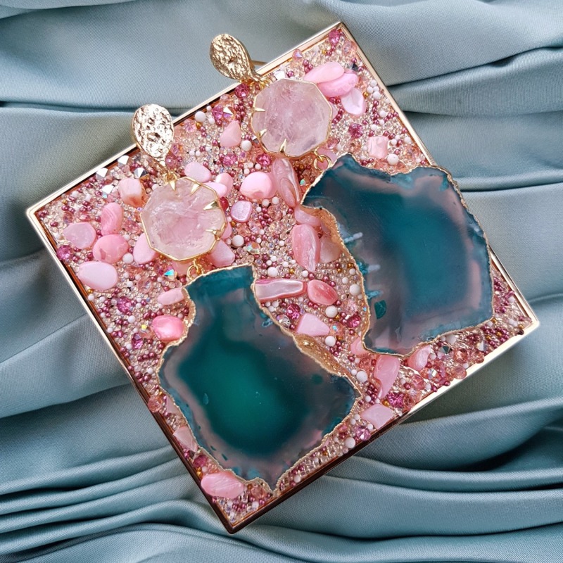 Thumbnail of 'Hold On' Rose Quartz Green Agate Gemstone Statement Earrings image