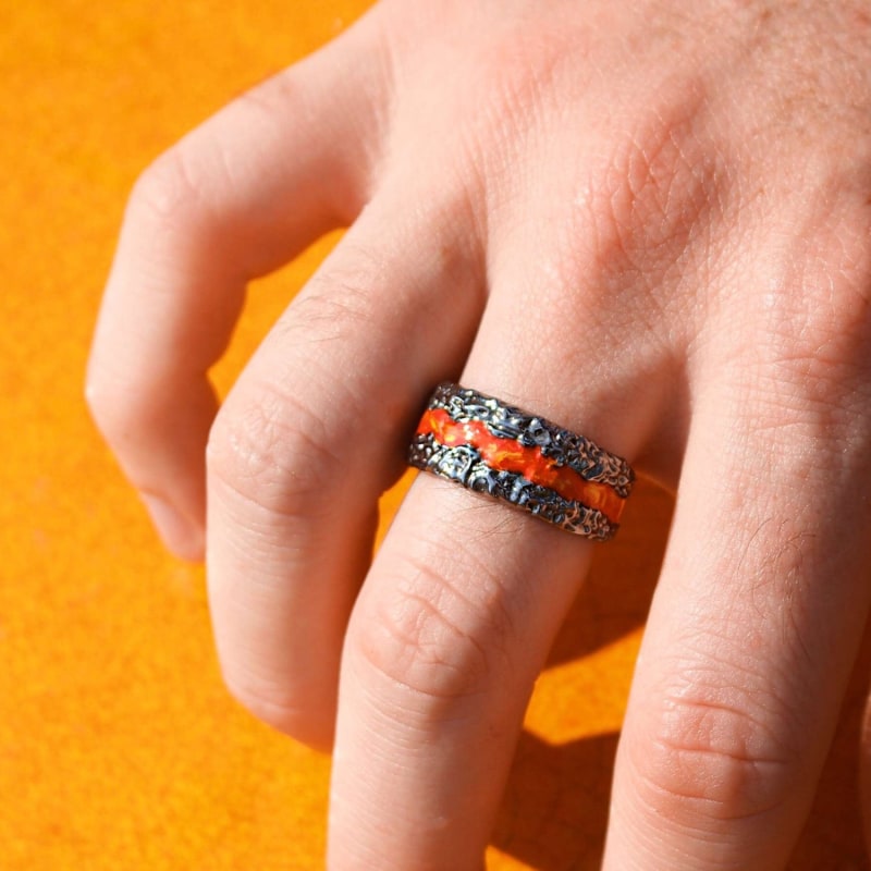 Thumbnail of Fire In My Soul Black Rhodium Plated Sterling Silver Textured Red Orange Enamel Band Ring image