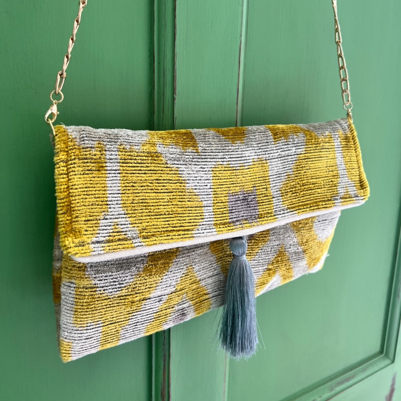 Thumbnail of Yellow & Grey Velvet Ikat Clutch image