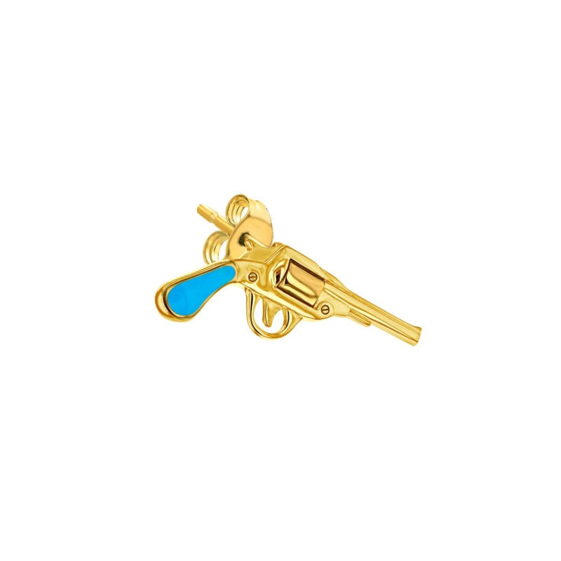 Thumbnail of 18Kt Gold Plate & Turquoise Mini Retro Pistol Charm On Gold Hoop image