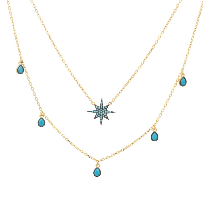 Thumbnail of Starburst Double Strand Layered Necklace Gold Turquoise image