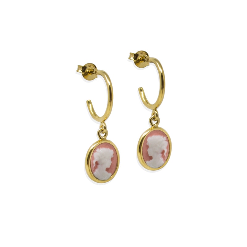 Thumbnail of Gold-Plated Pink Mini Cameo Hoop Earrings image