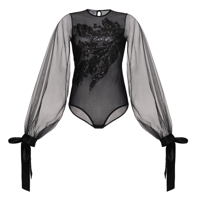Thumbnail of Sexy Long Sleeve Black Sheer Mesh And Tulle Bodysuit With Sequins image