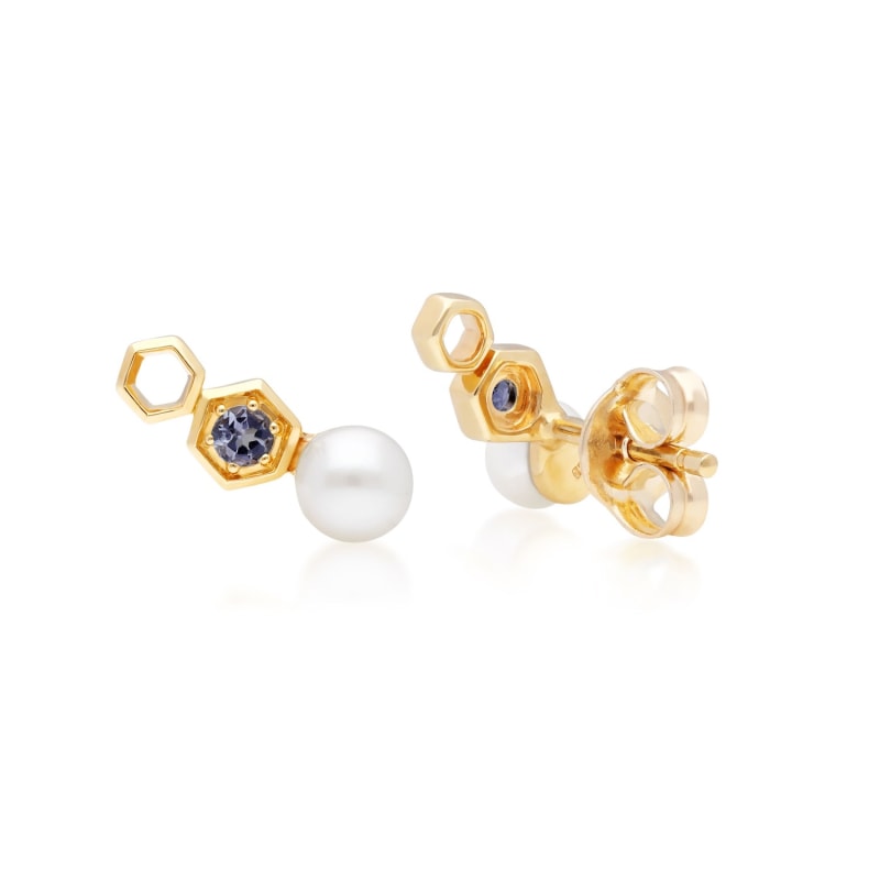 Thumbnail of Modern Pearl & Tanzanite Ear Climber Studs In Yellow Gold image