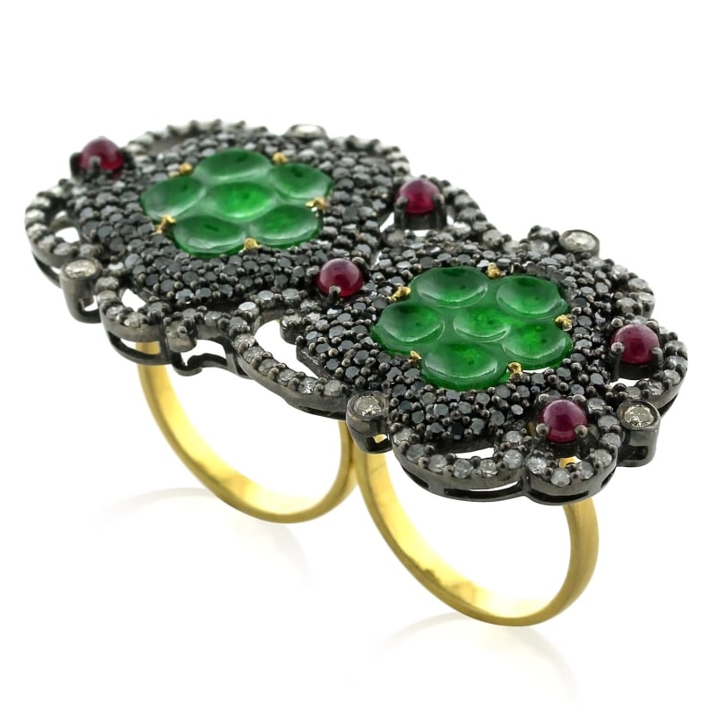 Thumbnail of Two Finger Ring 18K Gold 925 Sterling Silver In Carving Jade & Ruby Pave Diamond image