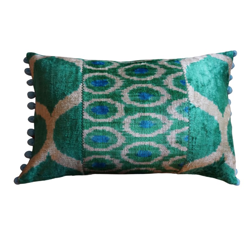 Thumbnail of Pretty Duck Egg Blue & Pink Ikat Patchwork Cushion image