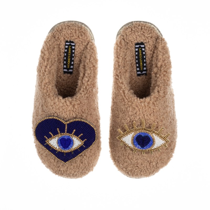 Thumbnail of Teddy Towelling Closed Toe Slippers With Double Blue Eye Brooches - Toffee image