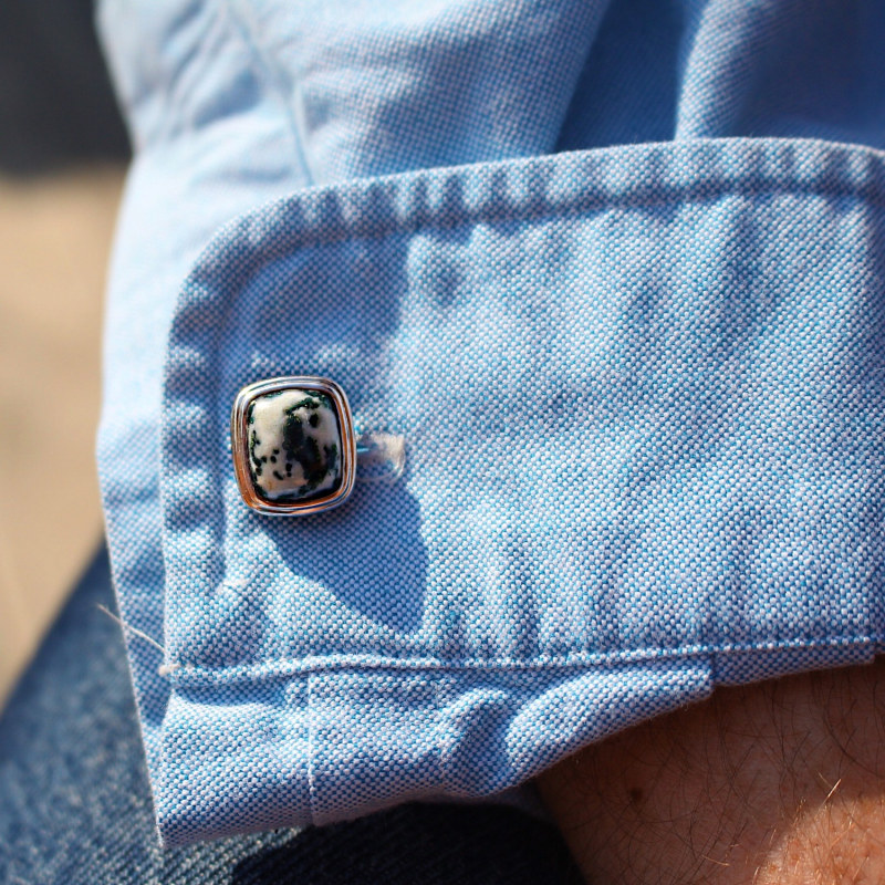 Thumbnail of Tree Agate Stone Cufflinks In Black Rhodium Plated Sterling Silver image