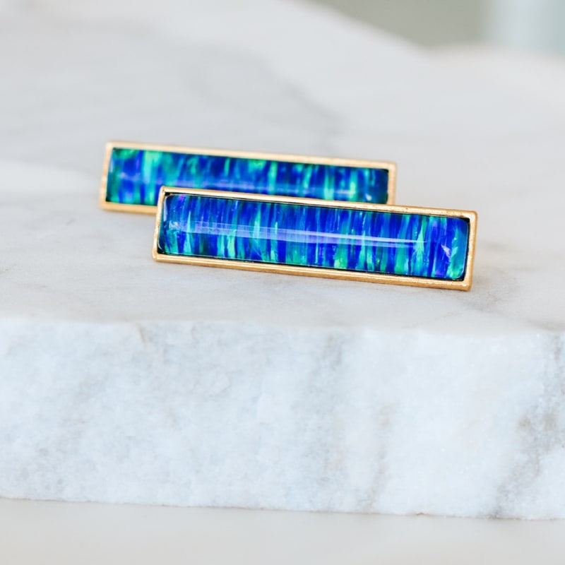 Thumbnail of Luxe Large Rectangular Statement Blue Opal Drop Gold Earrings image