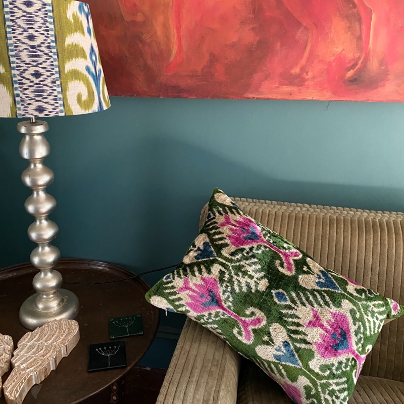 Thumbnail of Ikat Velvet Cushion - Green & Pink image