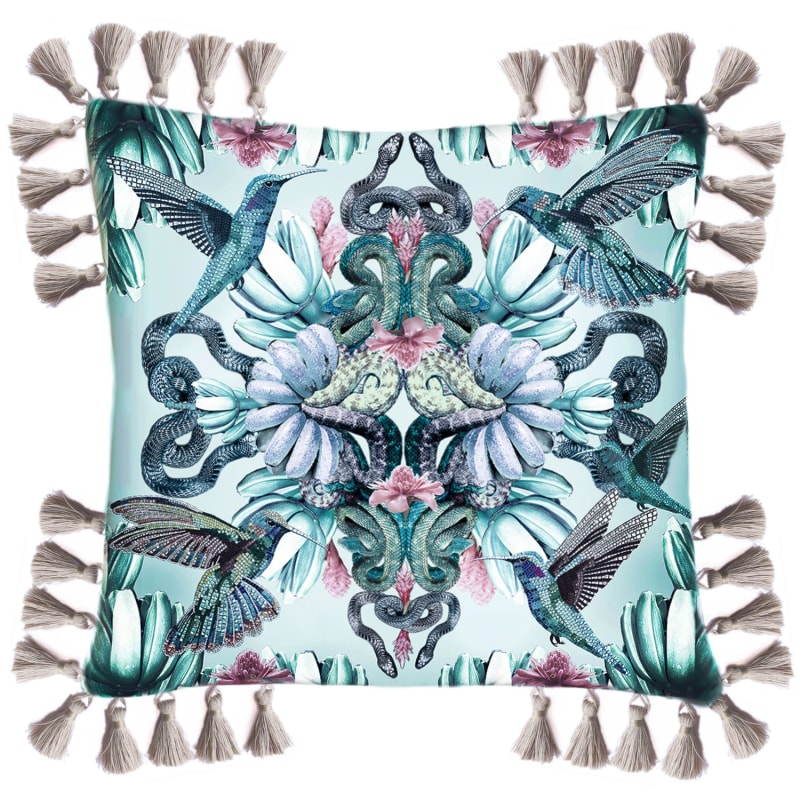 Thumbnail of Mosaic Hummingbird Silk Cushion With Linen Tassels image