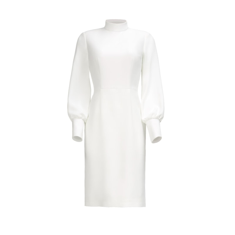 Thumbnail of Emira White High Neck Long Sleeve Crepe Midi Dress image