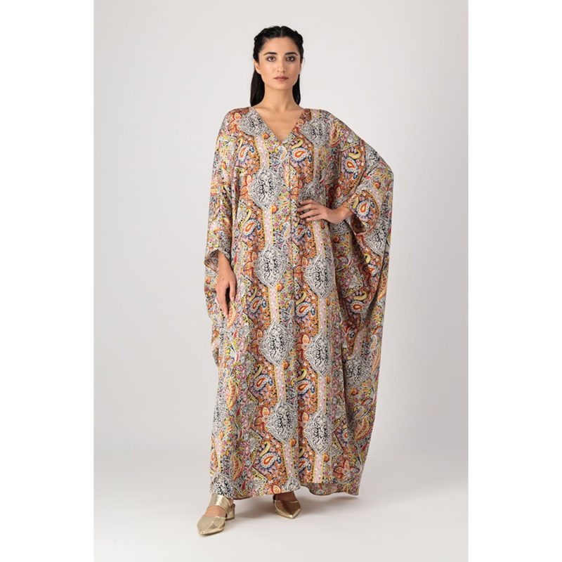 Thumbnail of Mariposa Cut Kaftan With Center Fold In Printed Paisley Silk In Orange image