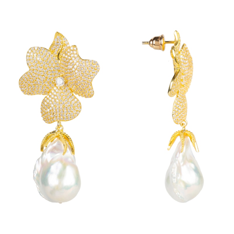 Thumbnail of Baroque Pearl White Flower Earring Yellow Gold image