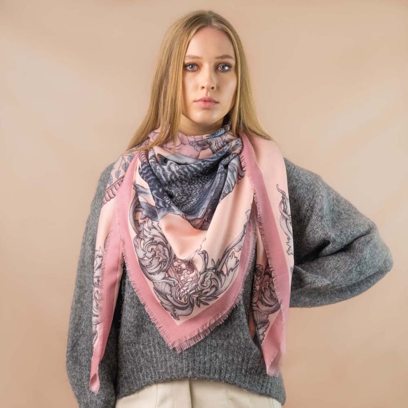 Silk Scarf - Grey, Pink, Black (Chrysanthemums & Cranes)