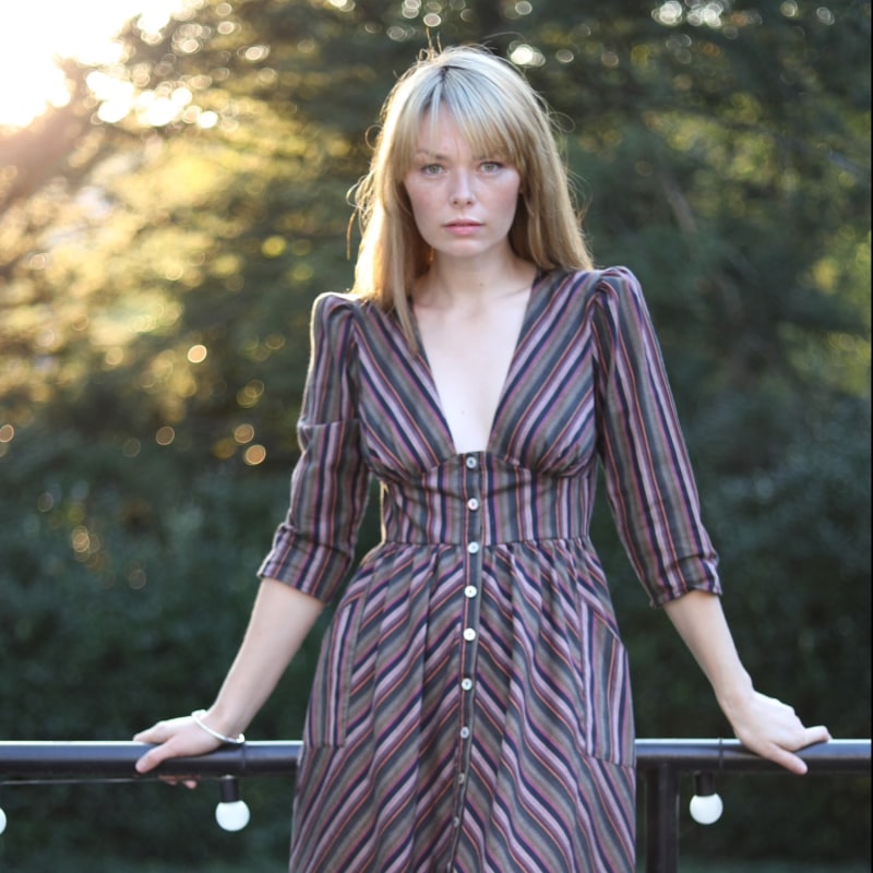 Thumbnail of Antonia Dress In Plum Woven Stripe Cotton With Shell Buttons And Patch Pockets image