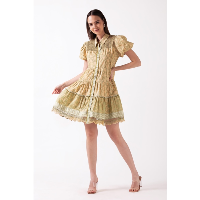 Thumbnail of Zinnia - Beige Mini Shirt Dress With Puff Sleeve image