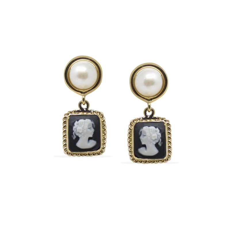 Thumbnail of The Beloved Gold-Plated Black Cameo And Pearl Earrings image