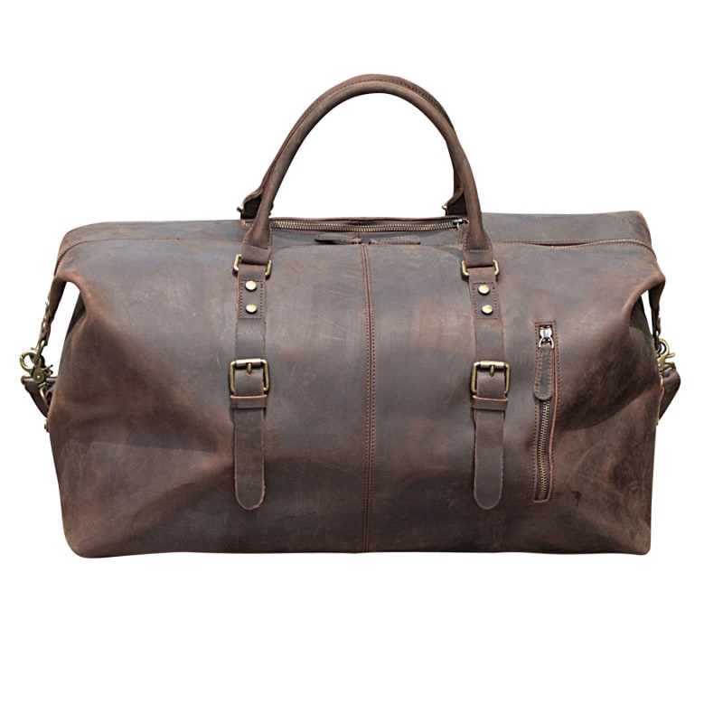 Zip Detail Genuine Leather Holdall Worn Dark Brown by Touri
