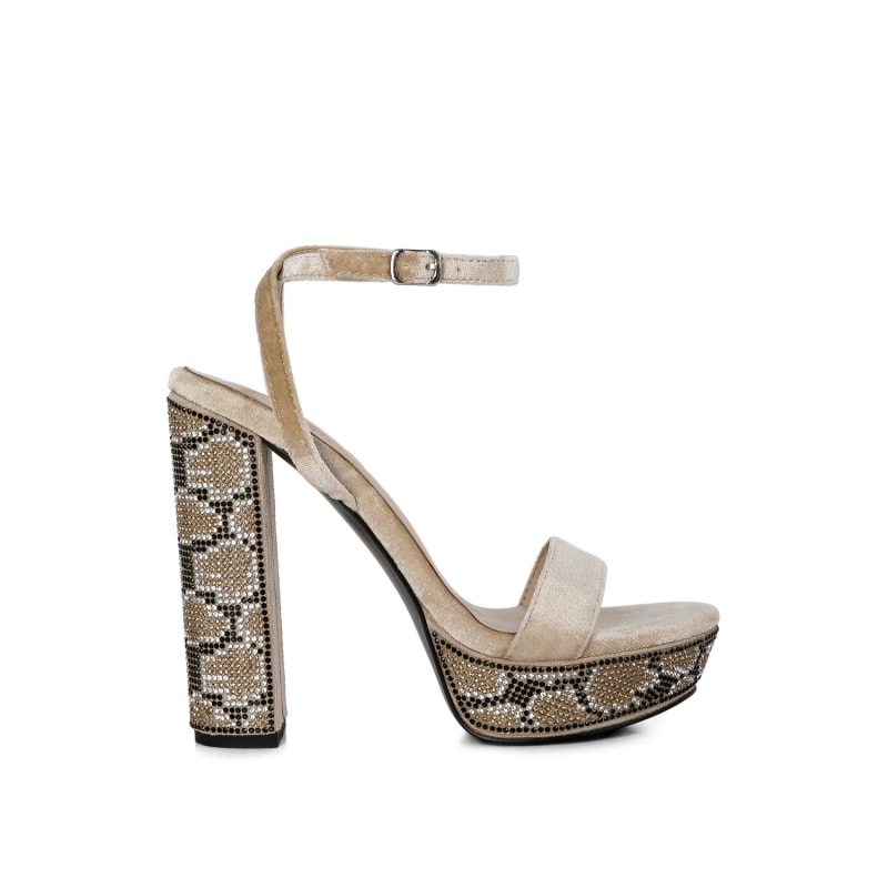 Zircon Beige Diamante Studded High Block Heel Sandals Rag Co