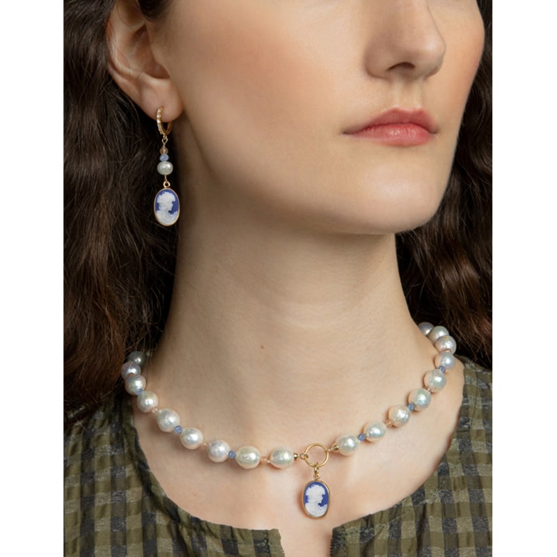 Thumbnail of Little Lovelies Gold-Plated Pearl & Bead Blue Cameo Necklace image